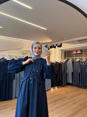 Lacivert Önden Kurdale Bağlamalı Denim Kumaş Elbise