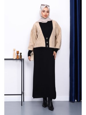 Siyah Vizon Düğmeli Triko Hırka Elbiseli İkili Kombin Siyah Vizon Düğmeli Triko Hırka Elbiseli İkili Kombin