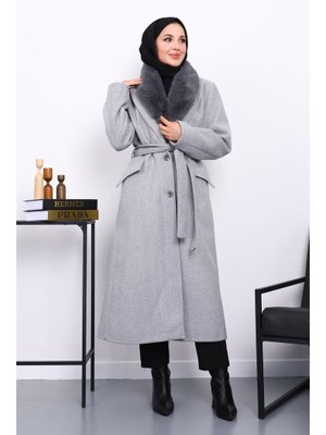 Gri Yaka Kürklü Kuşaklı Kaşe Kaban Gri Yaka Kürklü Kuşaklı Kaşe Kaban