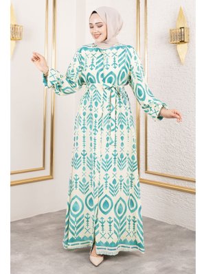 Mint Yeşili Boydan Düğmeli Viskon Elbise