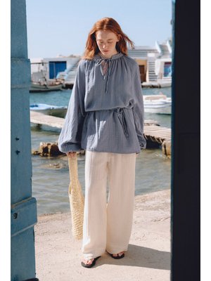 Bej Müslin Bağlamalı Pantolon Bej Müslin Bağlamalı Pantolon