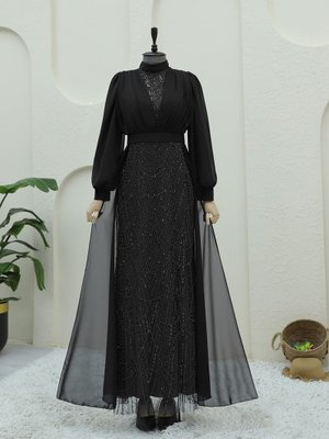 Siyah Boncuk Ve Pul Detaylı Kemerli Şifon Abiye Elbise Siyah Boncuk Ve Pul Detaylı Kemerli Şifon Abiye Elbise