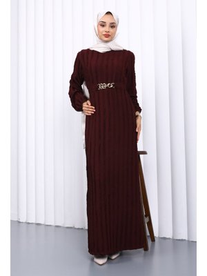 Bordo Beli Kemerli Fırfır Detaylı Gofre Elbise Bordo Beli Kemerli Fırfır Detaylı Gofre Elbise