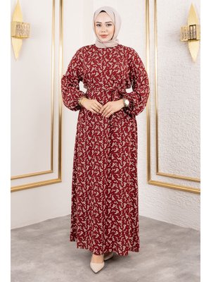Bordo Küçük Çiçek Desenli Viskon Elbise