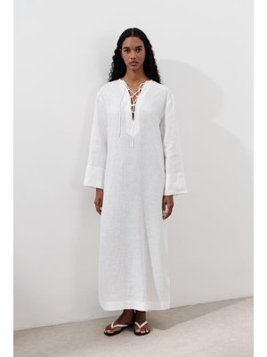 Ekru Keten Bağlama Detaylı Elbise Ekru Keten Bağlama Detaylı Elbise