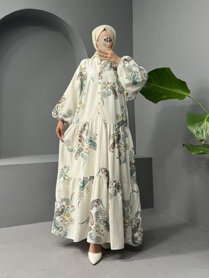 Zümrüt Dik Yaka Yarım Düğmeli Keten Elbise Zümrüt Dik Yaka Yarım Düğmeli Keten Elbise