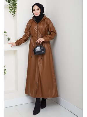 Fermuarlı Kapüşonlu Şardonlu Taba Deri Kap