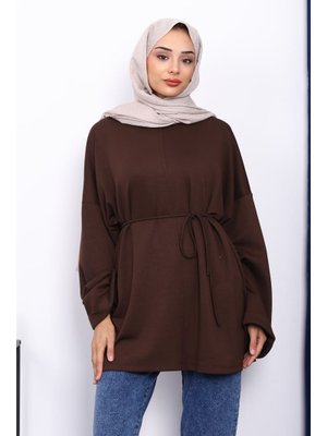 Kahverengi Yanları Yırtmaçlı Bel İpli Tunik Kahverengi Yanları Yırtmaçlı Bel İpli Tunik