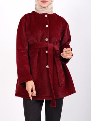 Bordo Düğmeli Beli Bağlamalı Kürklü Ceket
