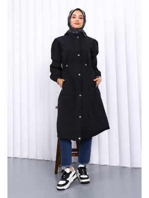 Siyah Çıtçıtlı Bel Lastikli Trençkot Siyah Çıtçıtlı Bel Lastikli Trençkot