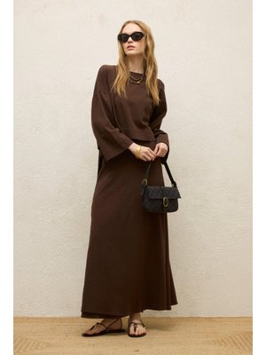 Acı Kahve Pamuklu Geniş Kol Crop Bluz