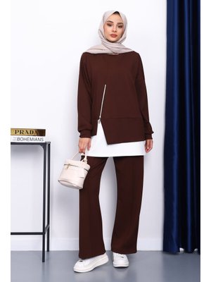 Kahverengi Fermuar Detaylı Modal Tunik Pantolonlu Takım Kahverengi Fermuar Detaylı Modal Tunik Pantolonlu Takım
