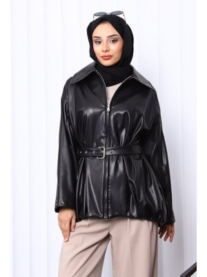Siyah Kemerli Deri Ceket