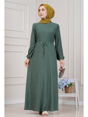 Yeşil Beli Tünelli Fitilli Aslı Elbise Yeşil Beli Tünelli Fitilli Aslı Elbise