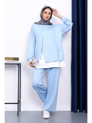 Buz Mavi Fermuar Detaylı Modal Tunik Pantolonlu Takım Buz Mavi Fermuar Detaylı Modal Tunik Pantolonlu Takım