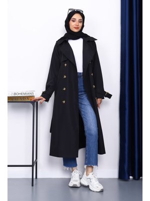 Siyah Kravuze Yaka Kuşaklı Trençkot Siyah Kravuze Yaka Kuşaklı Trençkot
