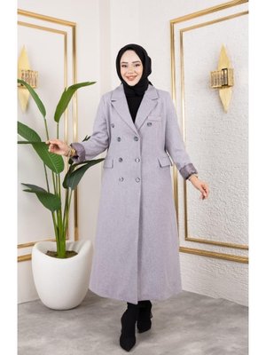 Astarlı Düğmeli Cepli Uzun Gri Kaşe kaban