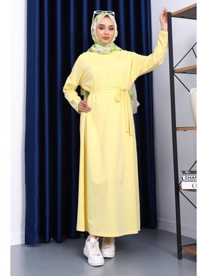 Sarı Bisiklet Yaka Bel Kuşaklı Elbise Sarı Bisiklet Yaka Bel Kuşaklı Elbise