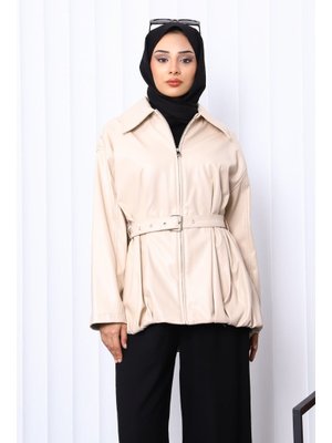 Bej Kemerli Deri Ceket Bej Kemerli Deri Ceket