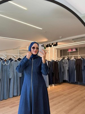 Lacivert Dalga Dikişli Kapişonlu Denim Kap Pardesü Lacivert Dalga Dikişli Kapişonlu Denim Kap Pardesü