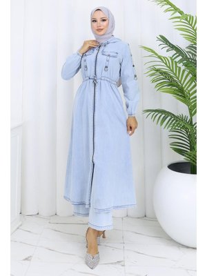 Buz Mavisi Kapüşonlu Beli Bağcıklı Kot Takım