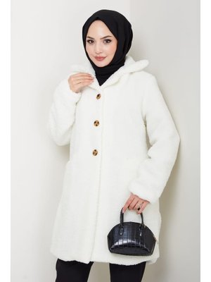 Kürk Kumaş Astarlı Düğmeli Beyaz Cepli Kaban