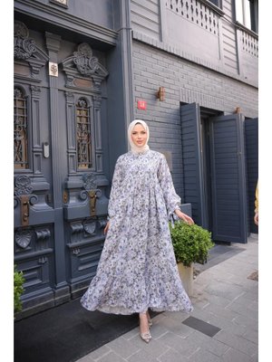 Lavanta O Yaka Çiçek Desenli Büzgülü Elbise 46) Lavanta O Yaka Çiçek Desenli Büzgülü Elbise 46)