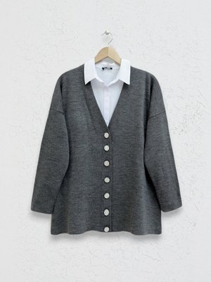 Füme Taşlı Düğmeli Triko Hırka