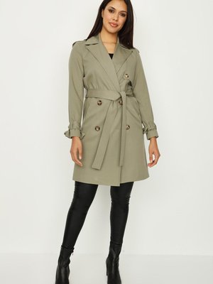 Haki Kol Detaylı Kuşaklı Uzun Trençkot Haki Kol Detaylı Kuşaklı Uzun Trençkot