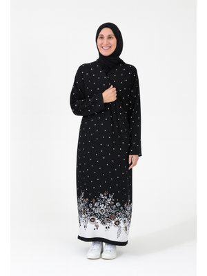 Beden Noktalı Çiçek Desen Kruvaze Namaz Elbisesi – Viskon, Yandan Bağlamalı, Rahat Kalıp