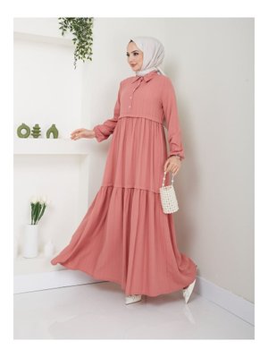 Pudra Viskon Kumaş Yaka Gömlek Elbise