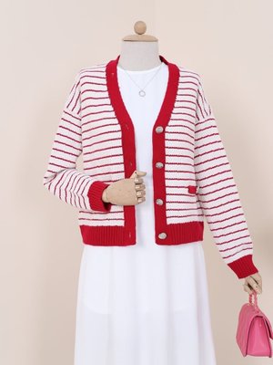 Fuşya Düğmeli Cep Detaylı İnce Çizgili Triko Hırka