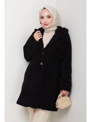 Kürk Kumaş Astarlı Düğmeli Kapüşonlu Siyah Kaban