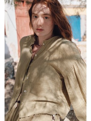 Müslin Balon Kol Kısa Bluz Adaçayı