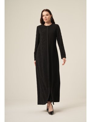 Siyah Si̇yah Tek Tarafi Kri̇stal Taş Detaylı Gi̇zli̇ Fermuarlı Ferace