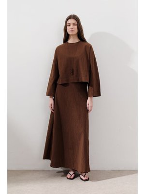 Kahverengi Pamuklu Geniş Kol Crop Bluz