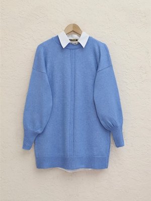 Mavi Bisiklet Yaka Balon Kol Şeritli Yumoş Kazak Mavi Bisiklet Yaka Balon Kol Şeritli Yumoş Kazak