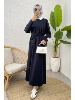 Lacivert İki İplik Kuşaklı Elbise Lacivert İki İplik Kuşaklı Elbise