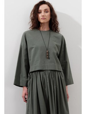 Çam Yeşili Pamuklu Crop Uzun Kol Bluz