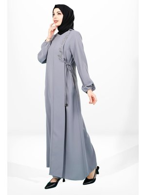 Gri A Kesim Yandan Bağlamalı Kolu Lastikli Ferace Gri A Kesim Yandan Bağlamalı Kolu Lastikli Ferace