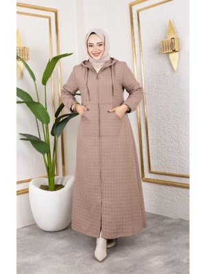 Kapüşonlu Fermuarlı Cepli Vizon Kapitone Uzun Kap