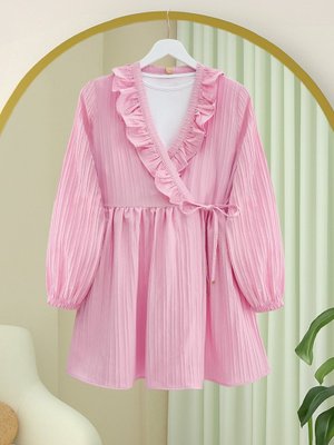 Pudra Fırfırlı Önü Bağcıklı Kolu Lastikli Kimono