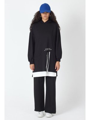 Siyah Etek Süpremli Baskı Detaylı Fermuar Kapamalı Kapüşonlu Pamuklu Örme Alt Üst Takım