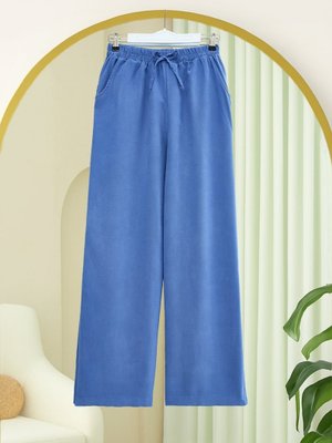 İndigo Beli Lastikli Bağcık Detaylı Cepli Bol Paça Tensel Pantolon