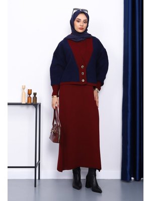 Bordo Düğmeli Triko Hırka Elbiseli İkili Kombin