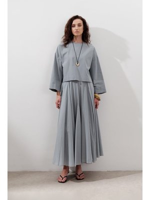 Mavi Pamuklu Crop Uzun Kol Bluz Tozlu