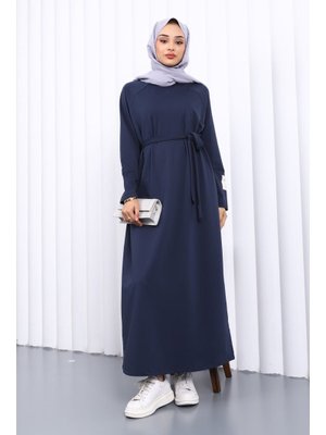 Lacivert Bisiklet Yaka Bel Kuşaklı Elbise Lacivert Bisiklet Yaka Bel Kuşaklı Elbise