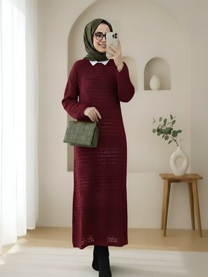 Bordo Ajurlu Desenli Triko Elbise