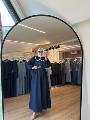 Lacivert Güpürlü Bebe Yaka Deri Kemerli Teettür Denim Kot Elbise