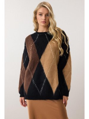 Siyah Baklava Desen Oversize Triko Kazak